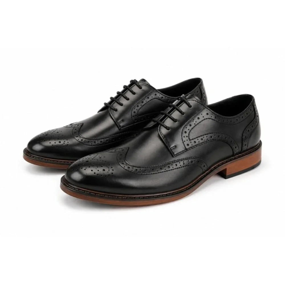 Jousen Milan Mens‎ Wingtip Oxford Dress Shoes Black Brogue AMY625 Size 8 NEW